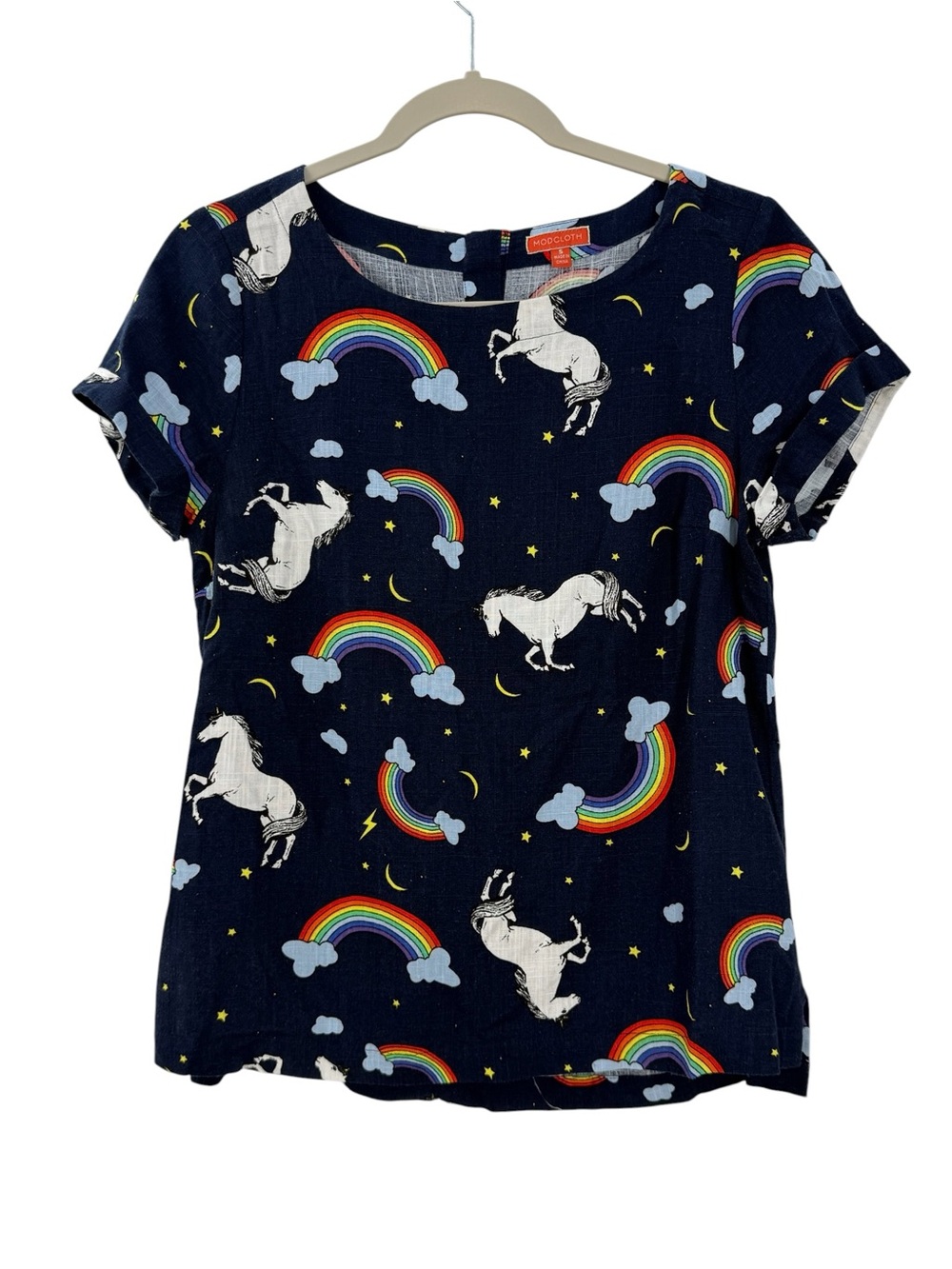 ModCloth Rainbow Unicorn Print Linen Blend Boxy Top Women’s Small Navy - Picture 1 of 13